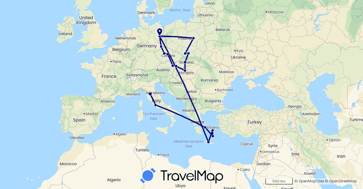 TravelMap itinerary: driving in Austria, Czech Republic, Germany, Greece, Hungary, Italy, Poland, Slovakia (Europe)